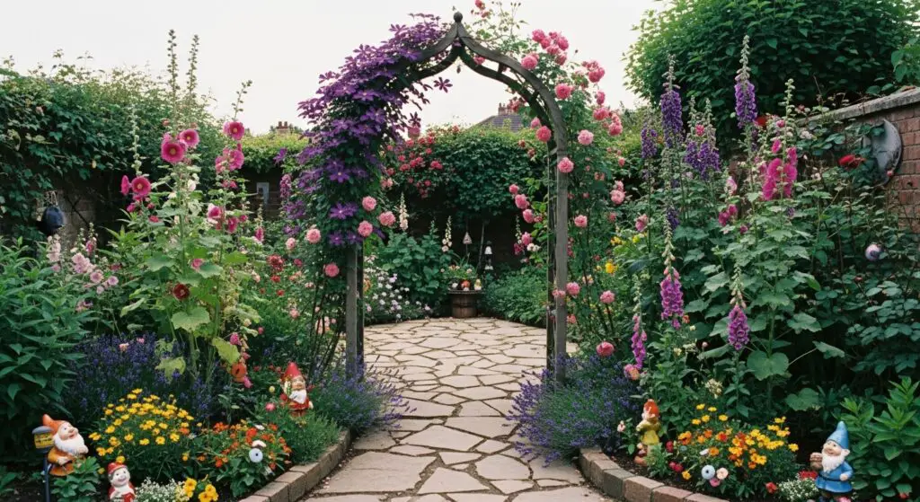 Whimsical cottage garden path, irregular flagstones with creeping thyme growing between them, leading to a rustic wooden archway