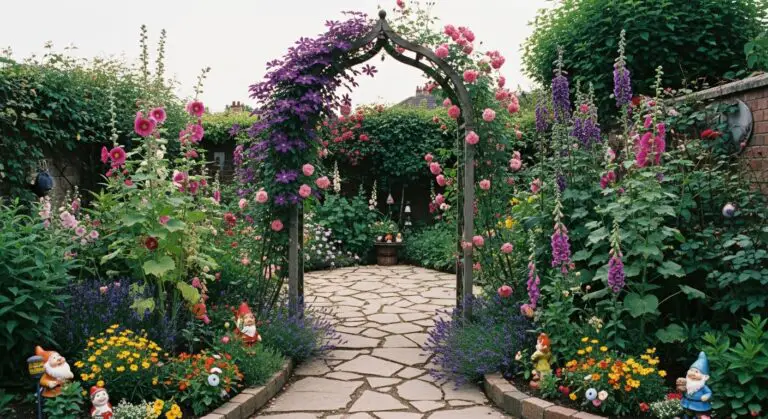 Whimsical cottage garden path, irregular flagstones with creeping thyme growing between them, leading to a rustic wooden archway