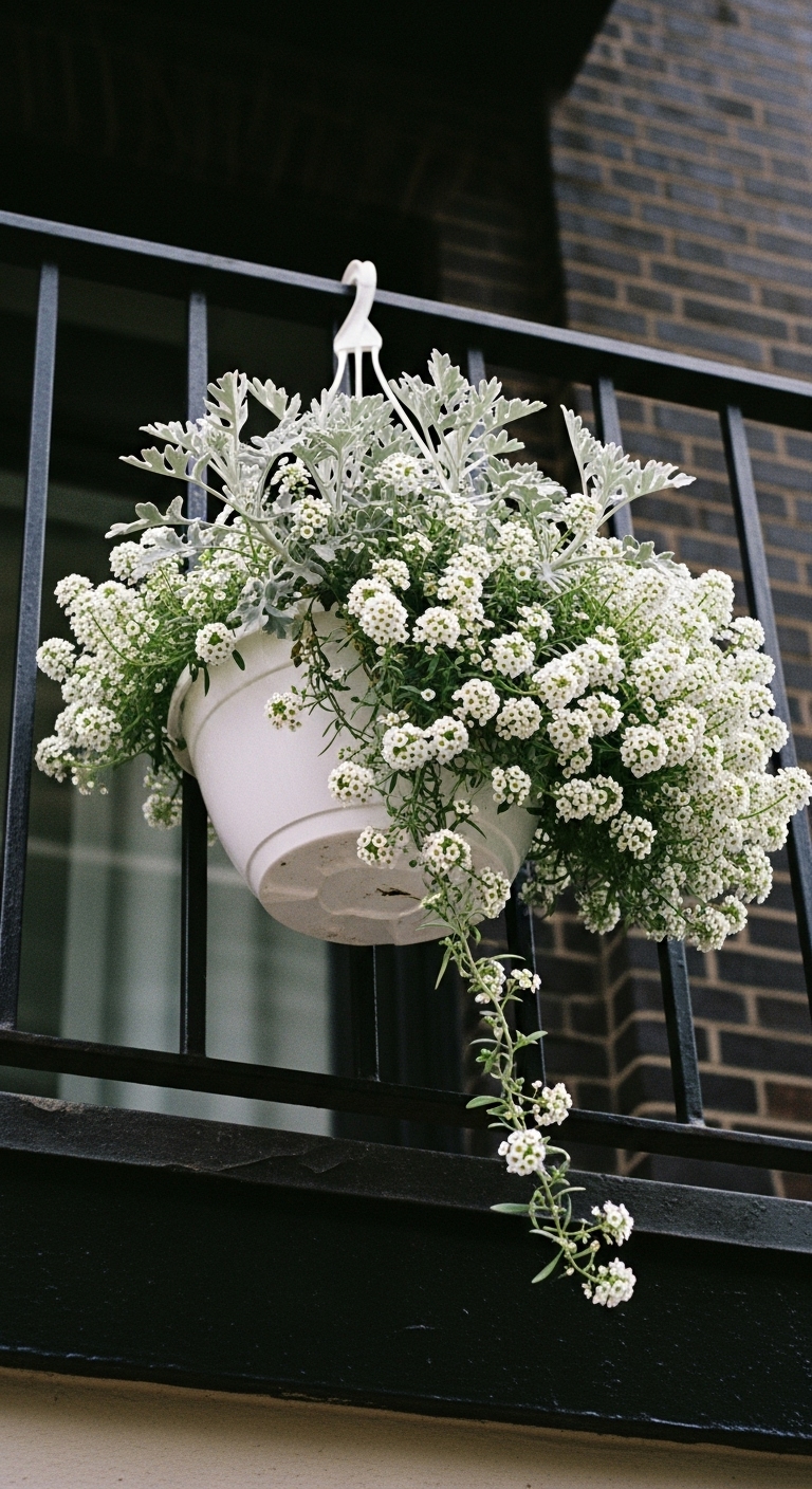 Hanging basket is overflowing with white alyssum flowers and the silvery leaves of dusty miller.