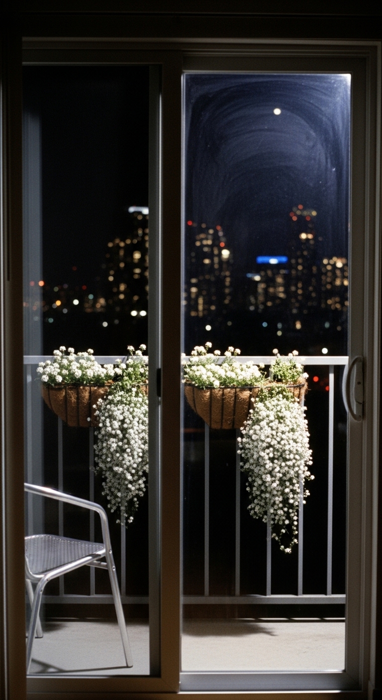 baskets are filled with cascading white alyssum and silver dichondra