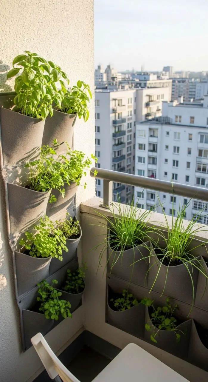 balcony patio with a modular vertical garden system the wall