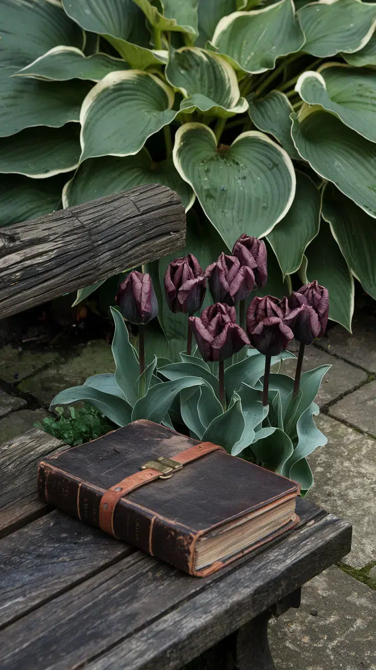 Gnarled, dark wood bench, Hostas 'Empress Wu' and 'Black Parrot' tulips