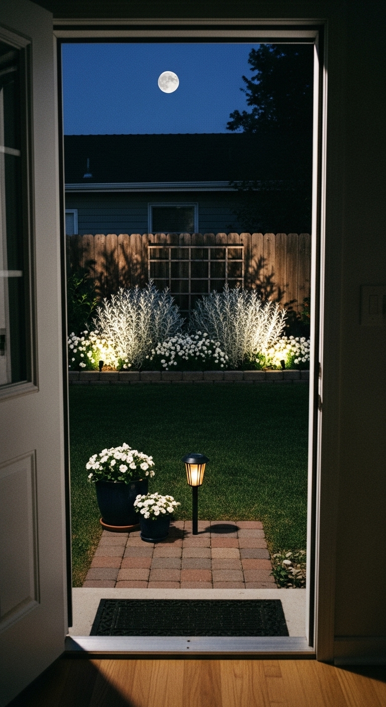 Small moon garden : a few pots with white flowers on a small brick patio and a single solar lantern glowing softly