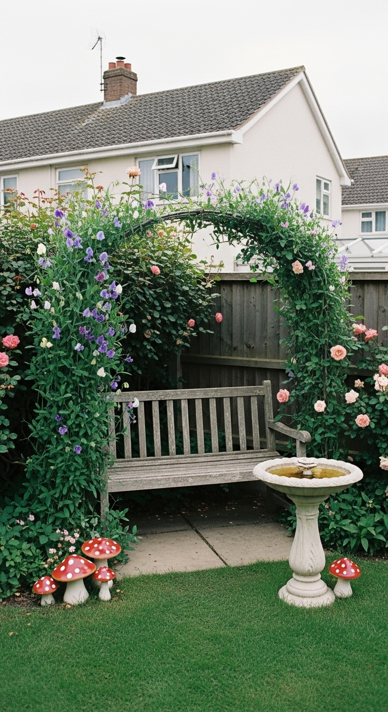 Garden corner with a weathered wooden bench, climbing sweet peas and whimsical ceramic mushrooms