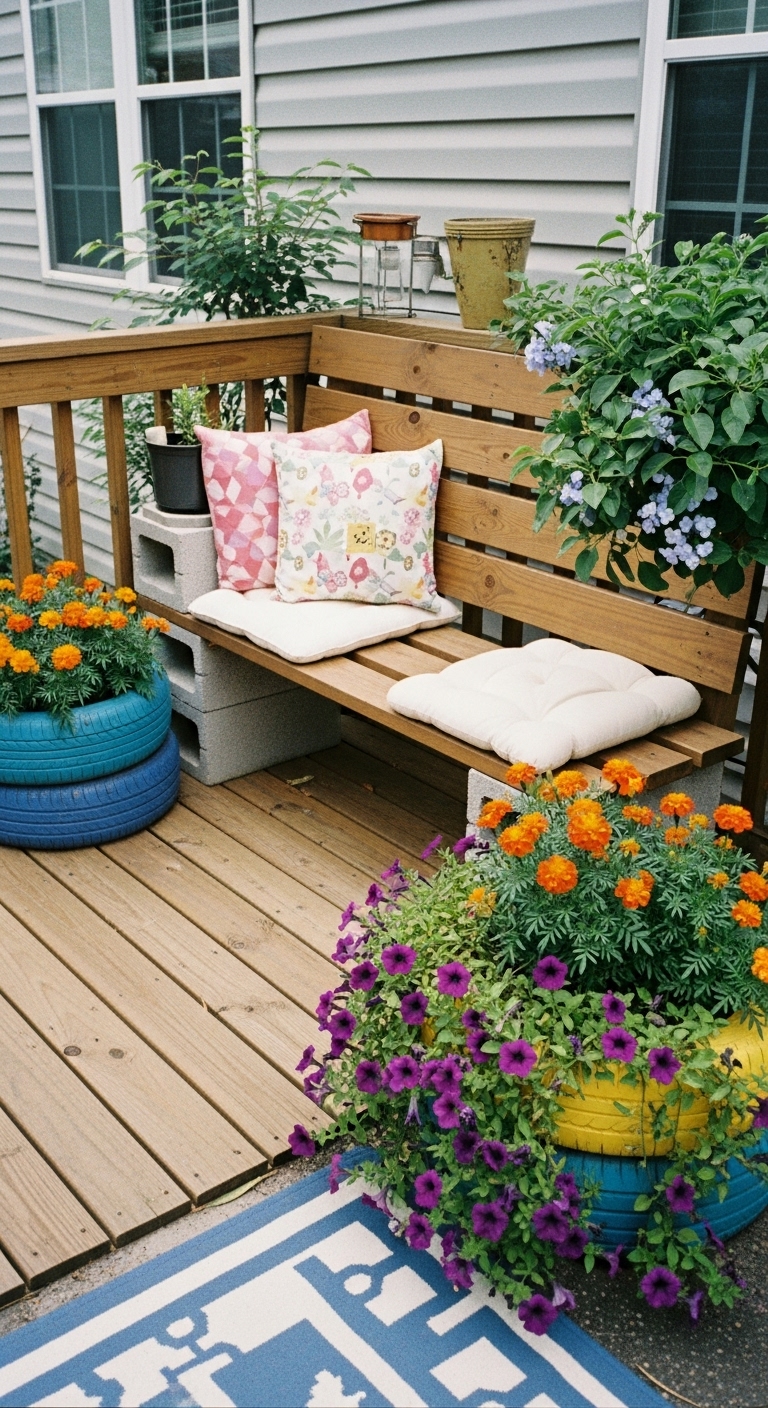 DIY decor featuring painted tires planted with marigolds (Tagetes erecta) and trailing petunias (Petunia x hybrida).