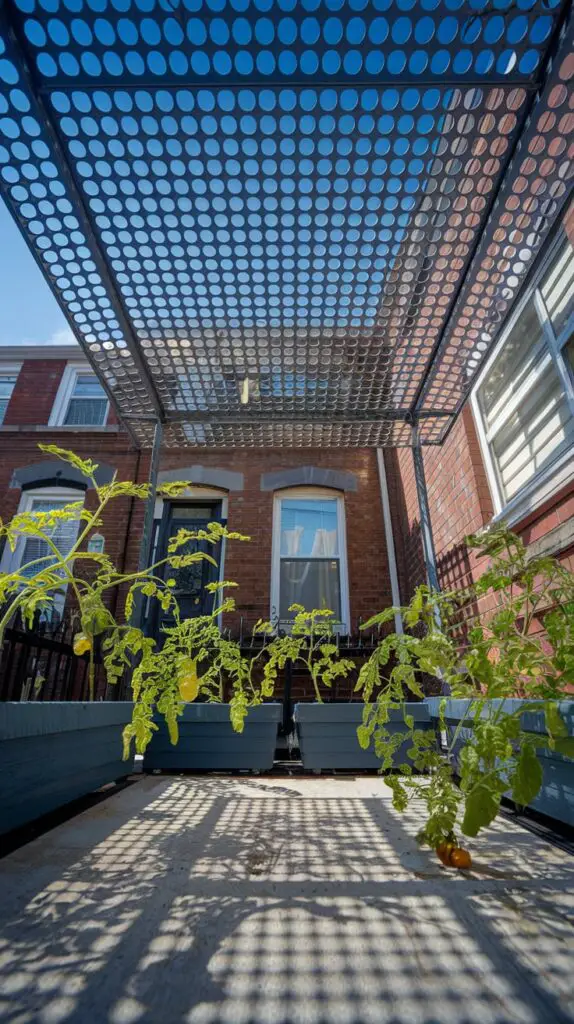 A perforated metal canopy fixed above a small concrete patio