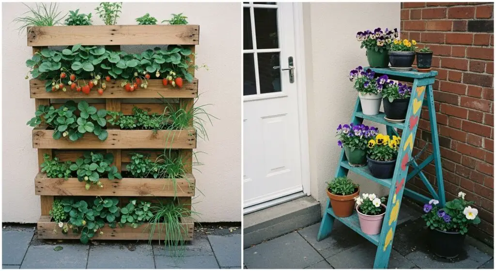 vertical pallet planter bursting with strawberries and herbs like mint and chives. A brightly painted repurposed stepladder pots of pansies and violas.
