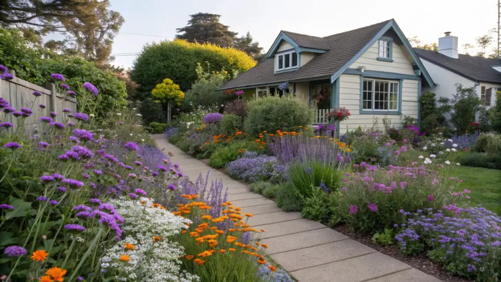 purple Verbena bonariensis above a mix of orange calendula, blue forget-me-nots, and white candytuft