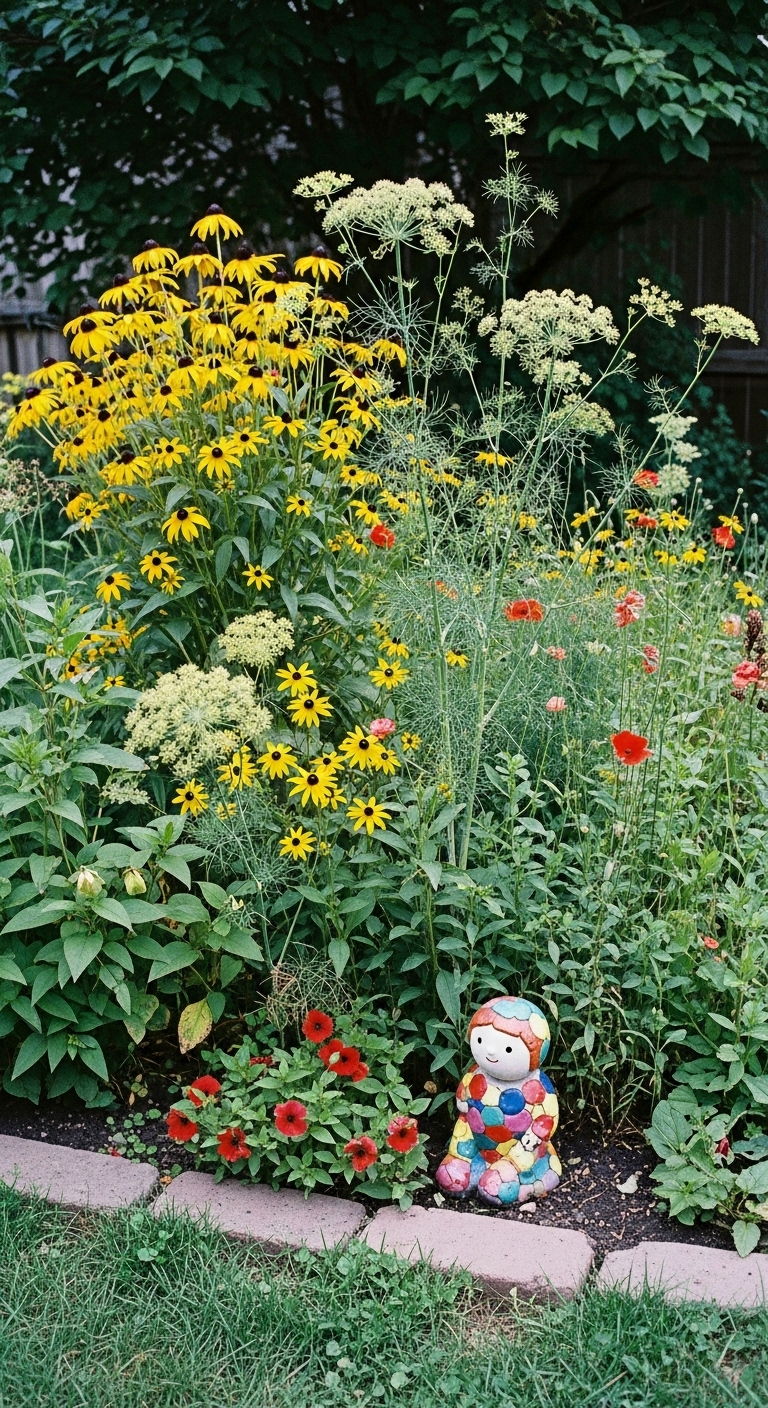 Yellow black-eyed Susans with dill gone to seed, and a few self-sown red poppies