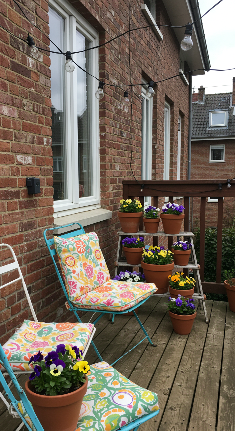Terracotta pots with cheerful pansies (Viola tricolor var. hortensis) sits on a repurposed wooden step ladder