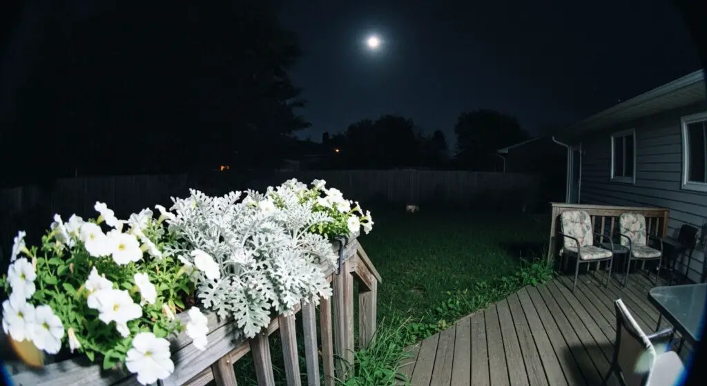 A planter box on the deck railing is filled with glowing white petunias and the silvery foliage of dusty miller