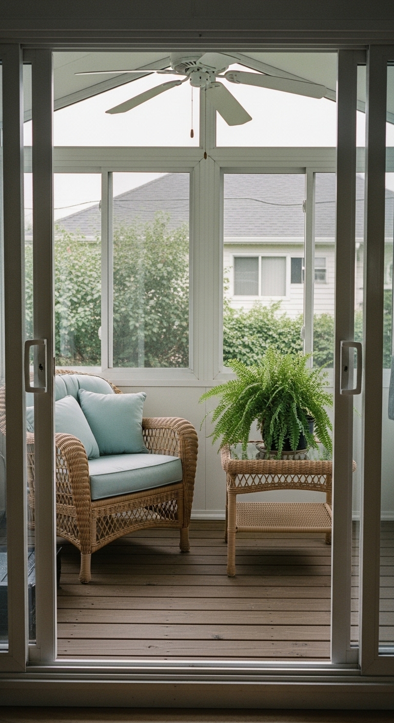 Enclosed deck functioning as a cozy sunroom