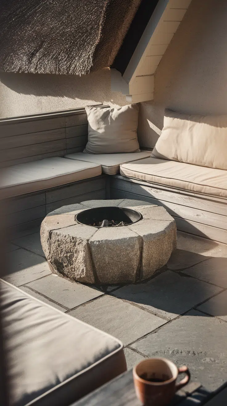 flagstone patio next to a cottage with with fire table, made of rough stone blocks