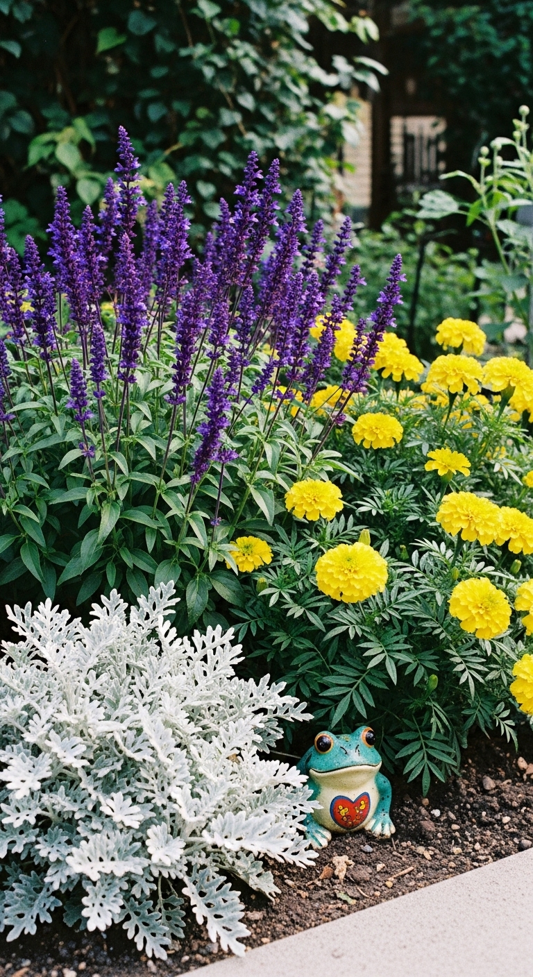 Purple salvia next to, yellow marigolds, with sprawling, silver-leafed dusty miller