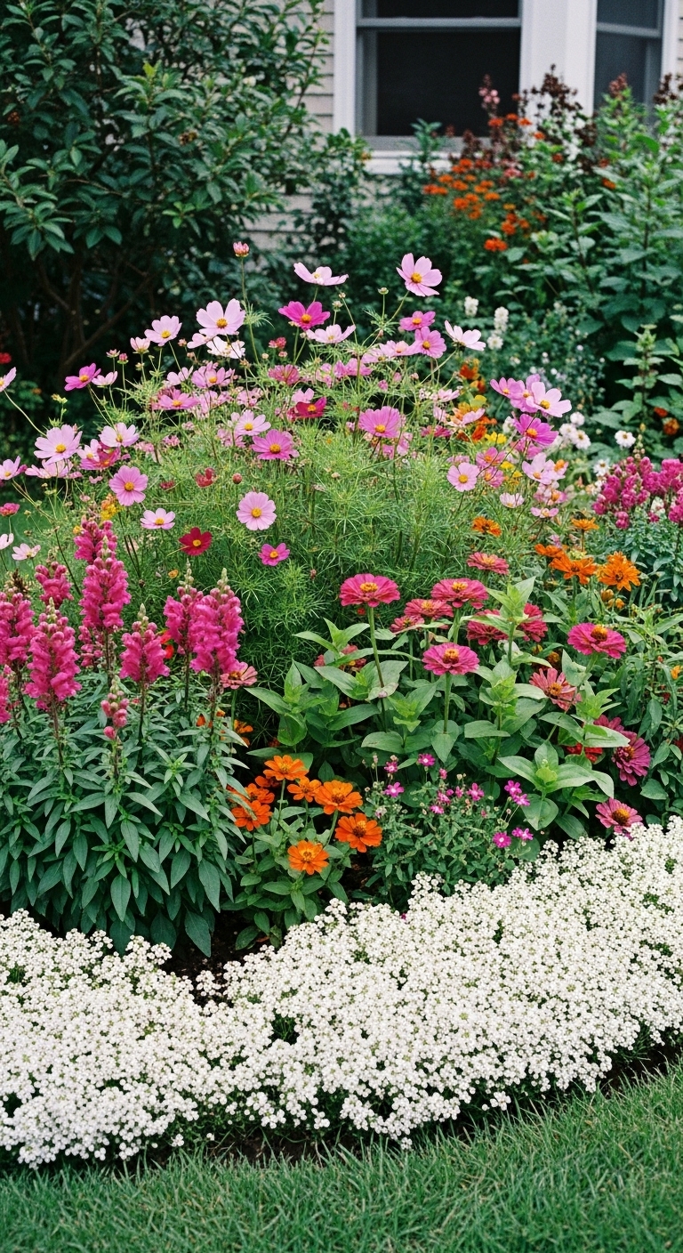 Snapdragons, cosmos, zinnias in pinks and oranges, and a border of sweet alyssum