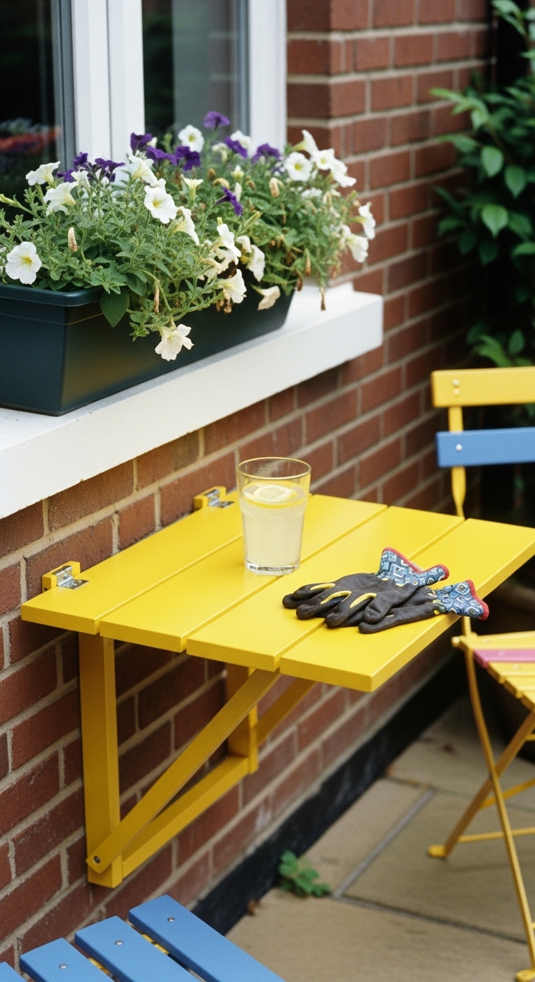 colorful fold-down table attached to the outside wall