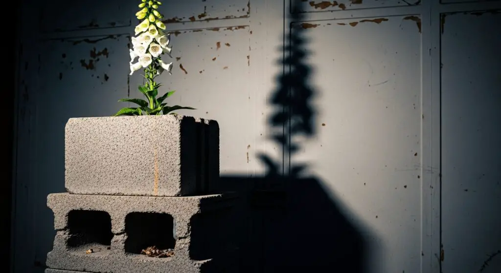 A tall white foxglove grows out of the top a concrete block used as a planter.