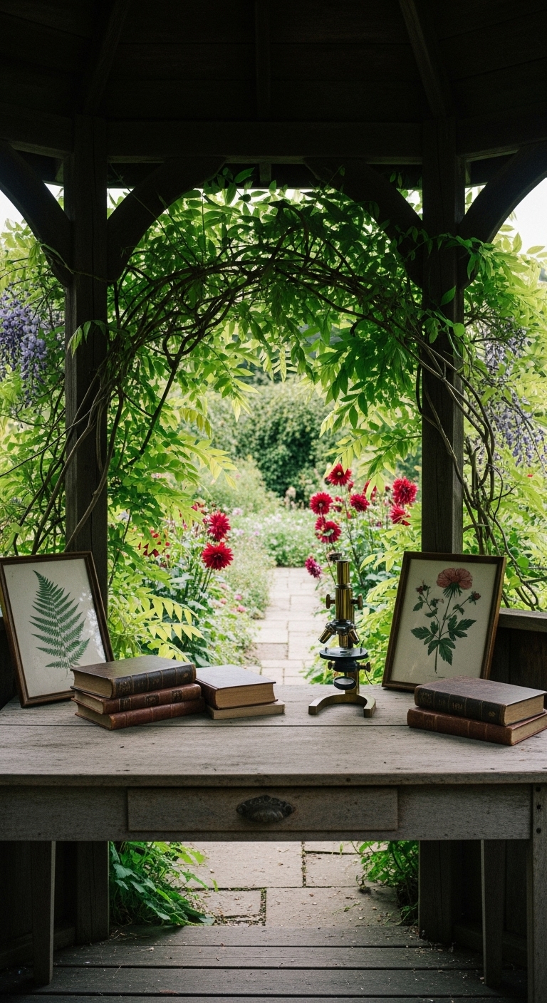 Dark-wood gazebo that functions as a garden room. An old wooden desk , and on it rests a brass microscope