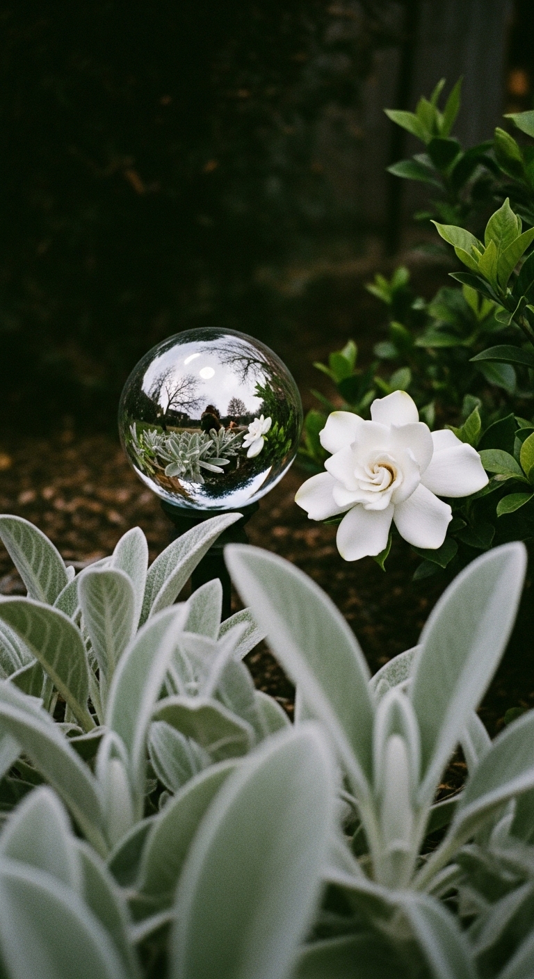 lamb's ear plant, white gardenia bloom and gazing ball