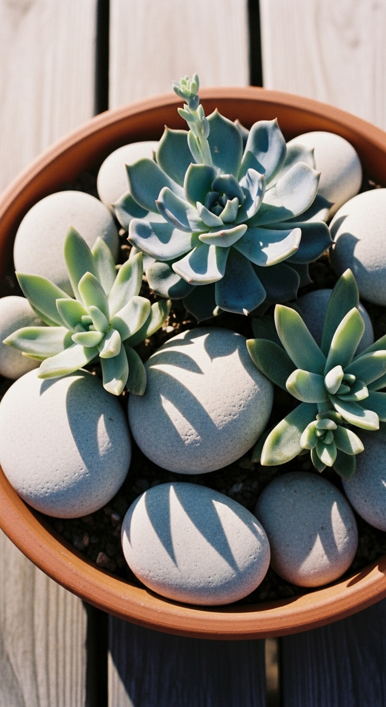 Silvery-blue Echeveria and pale ghost plants are between smooth, light grey river stones