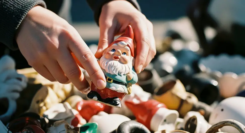 vintage ceramic gnome from a jumble of items at a flea market stall
