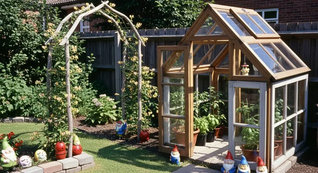 Small greenhouse constructed from old, mismatched wooden window frame