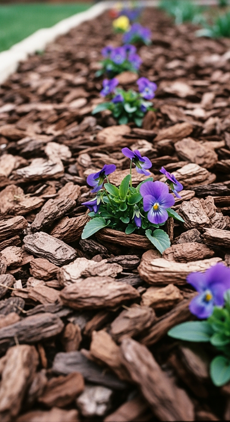 Bed mulched with dark brown shredded bark, with a few self-seeded purple violas peeking through