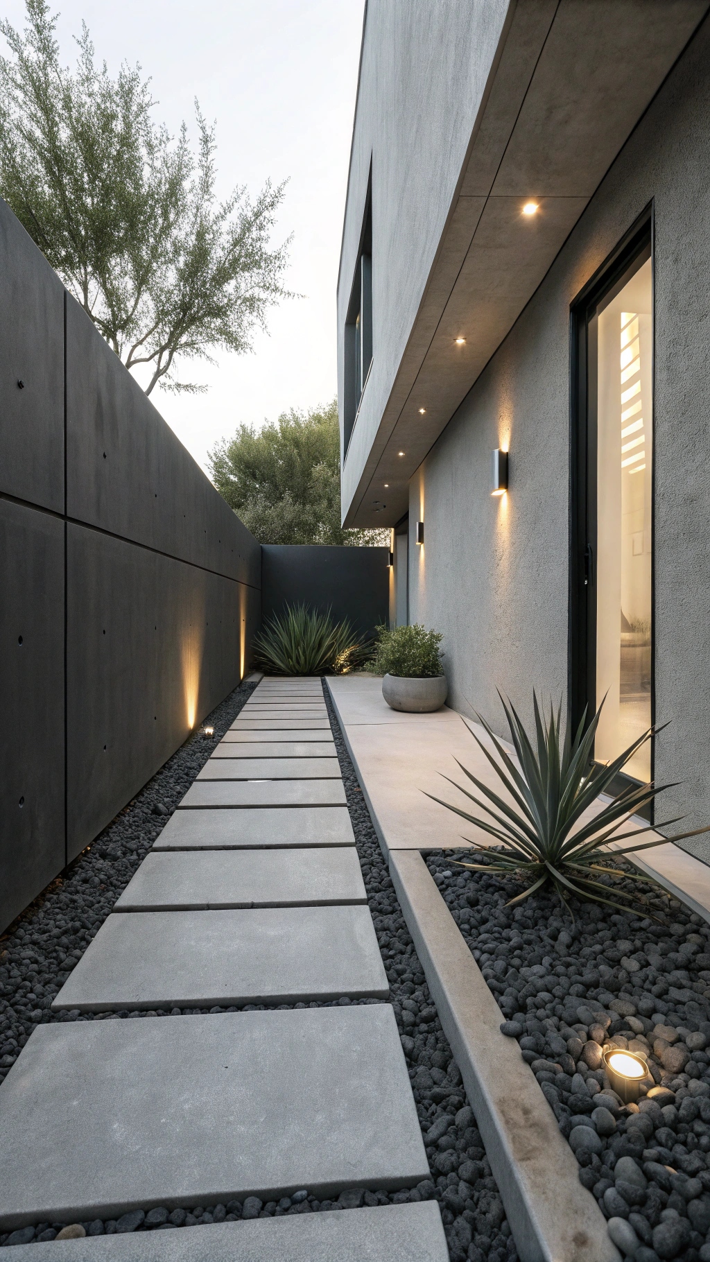 Narrow patio behind a modern, minimalist house with dark grey stucco
