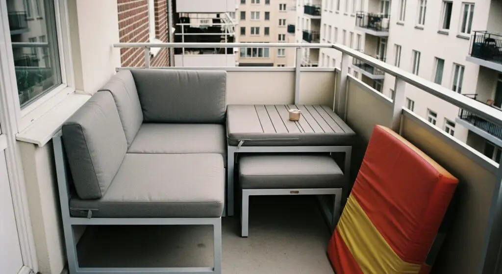 apartment balcony with modular outdoor furniture in a grey fabric