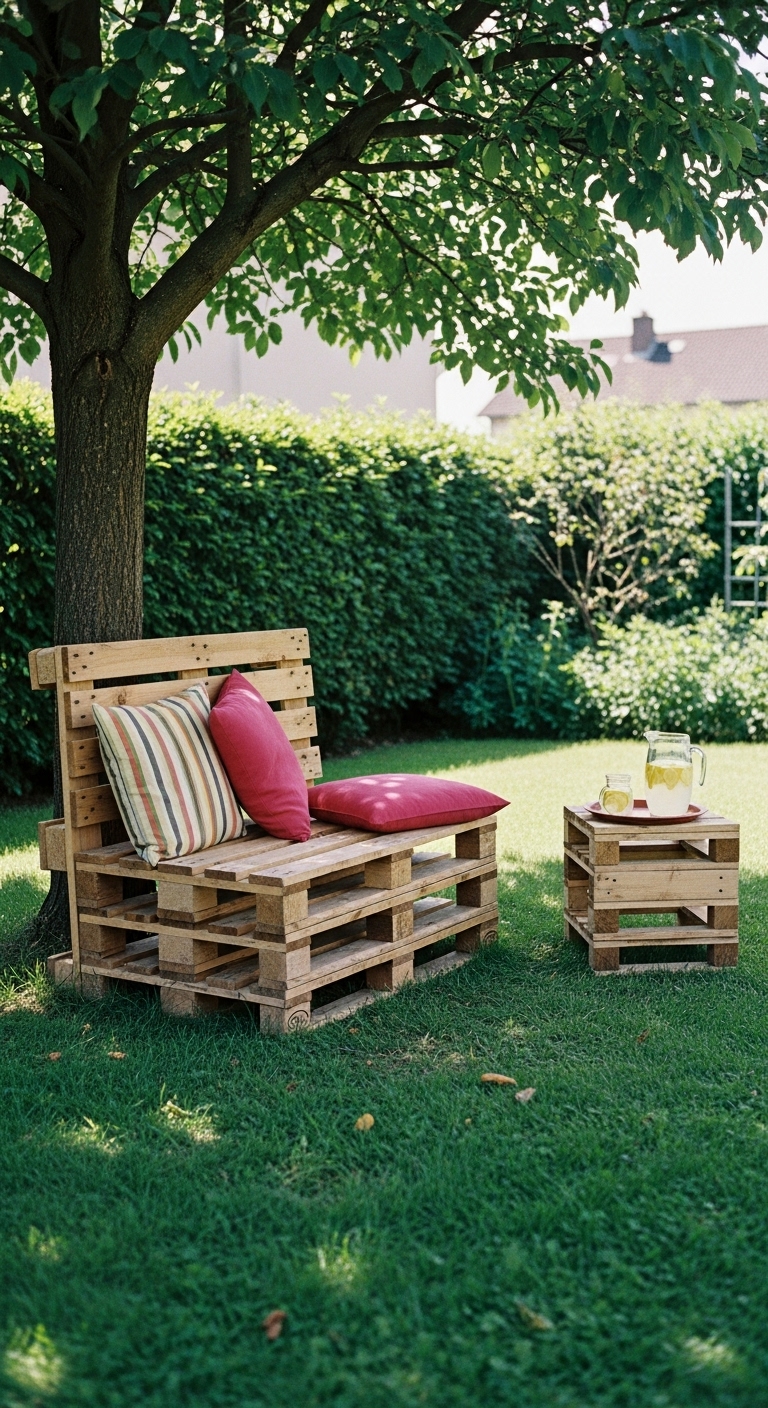 Unpainted pallet wood bench under a tree, with a colorful outdoor cushions