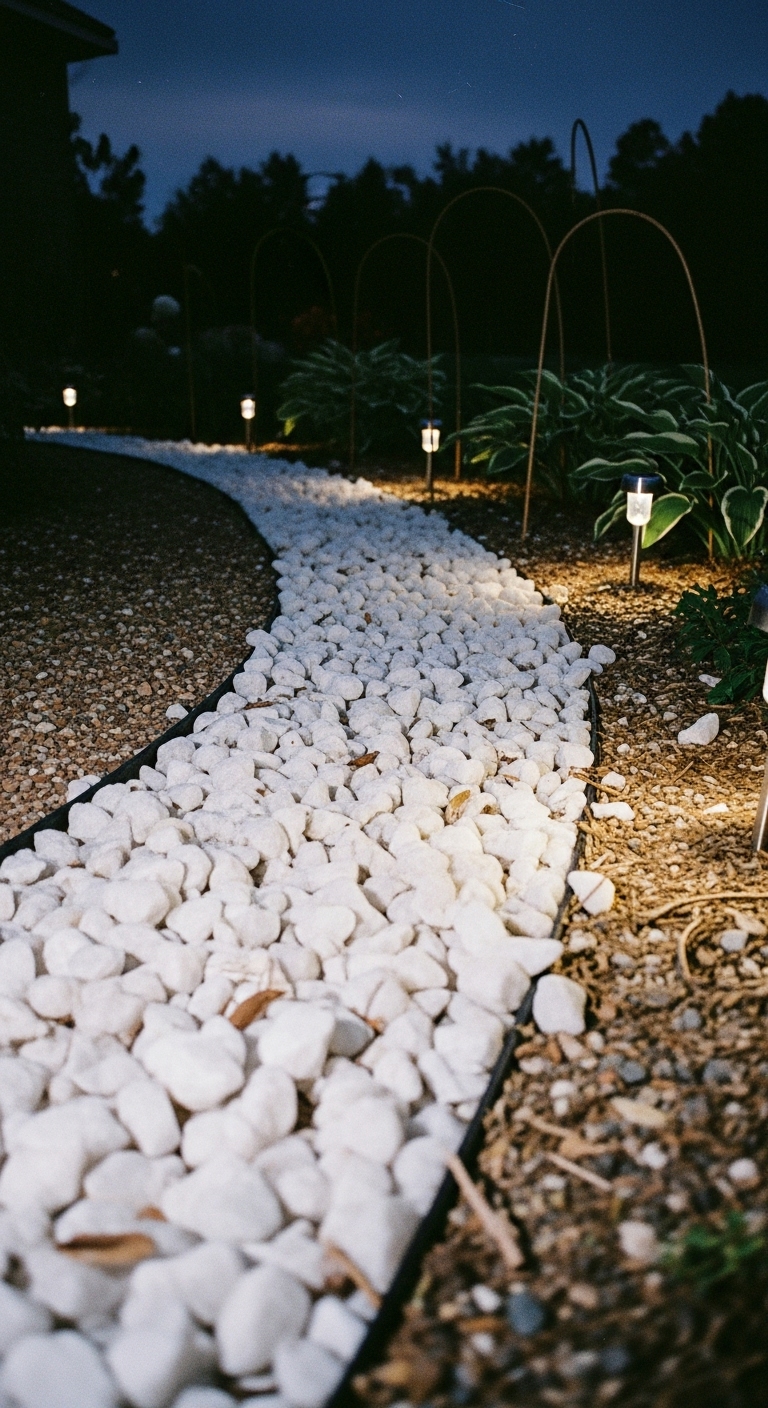Chunky, white quartz gravel path/boarder