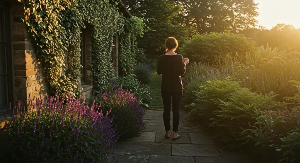 Standing on a stone patio and looking out at their garden in the late afternoon sun. The light is golden, creating long, dramatic shadows. Dark ivy climbing a stone wall, clusters of deep purple Salvia 'Amistad', and a winding path