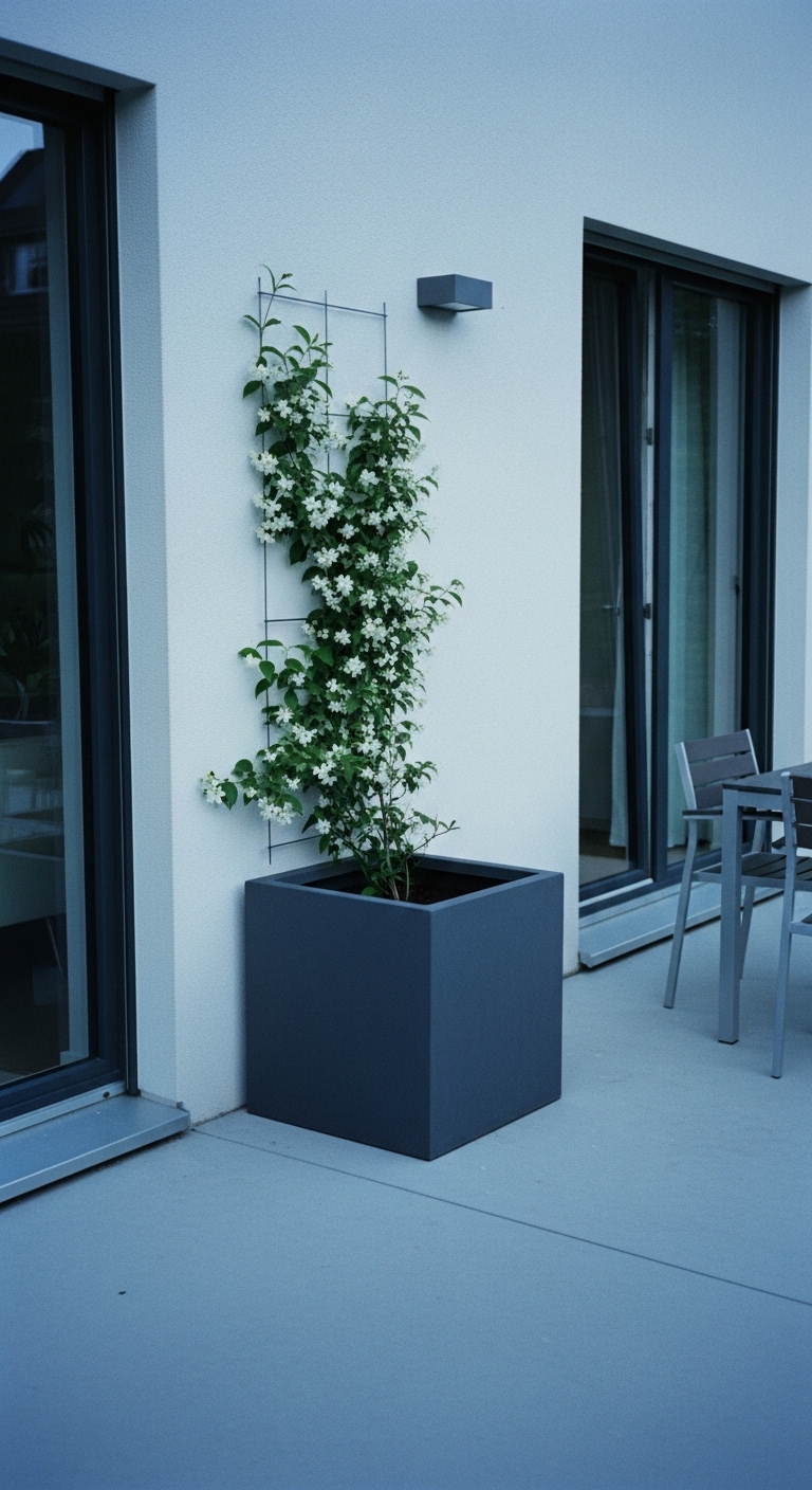 Minimalist patio with white jasmine vine is trained on a simple wire trellis against the plain stucco wall