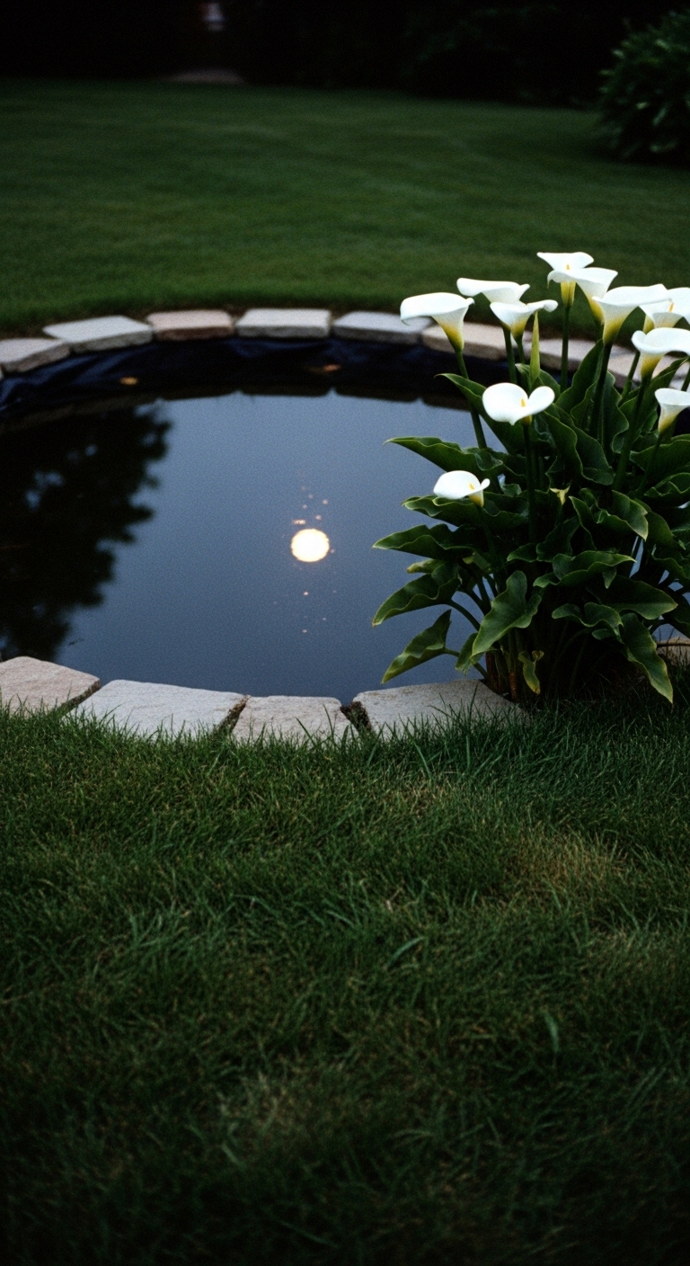 pond with a simple stone border with a clump of white calla lilies at the edge
