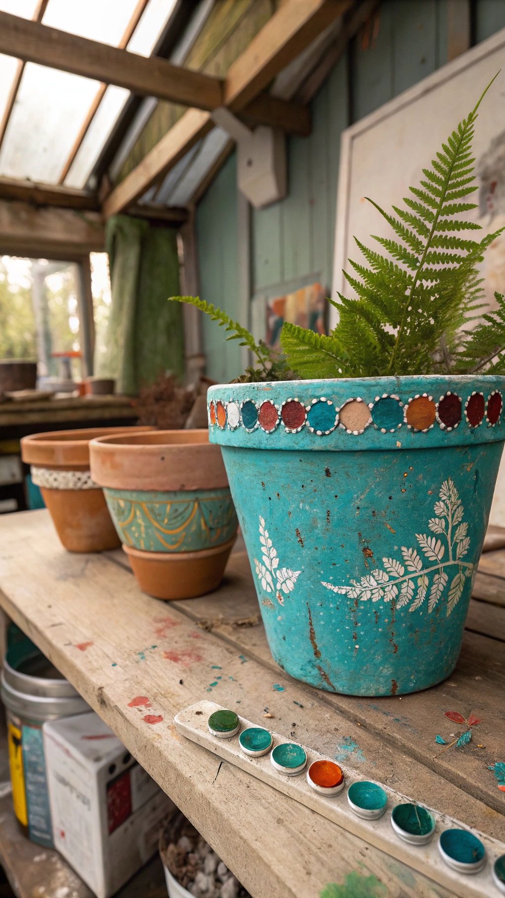 Terracotta pots in various stages of a DIY makeover