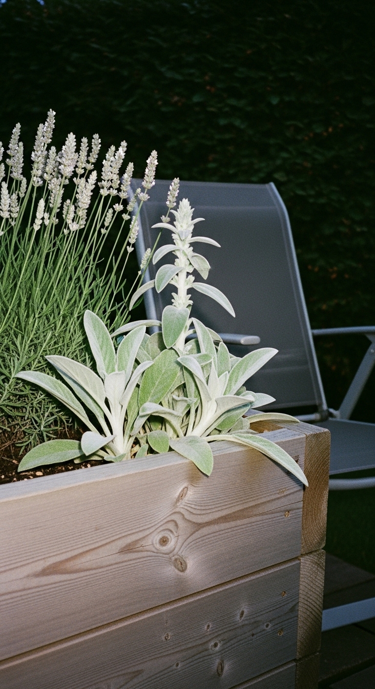 Raised bed with white lavender and the broad, fuzzy leaves of lamb's ear