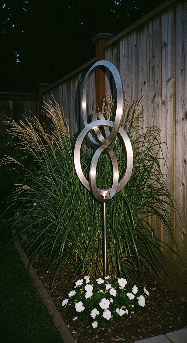 Stainless steel garden sculpture next to Miscanthus ornamental grass and white impatiens