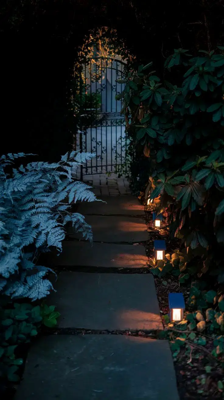 Path with Japanese Painted Ferns and the dark leaves of a nearby rhododendron bush