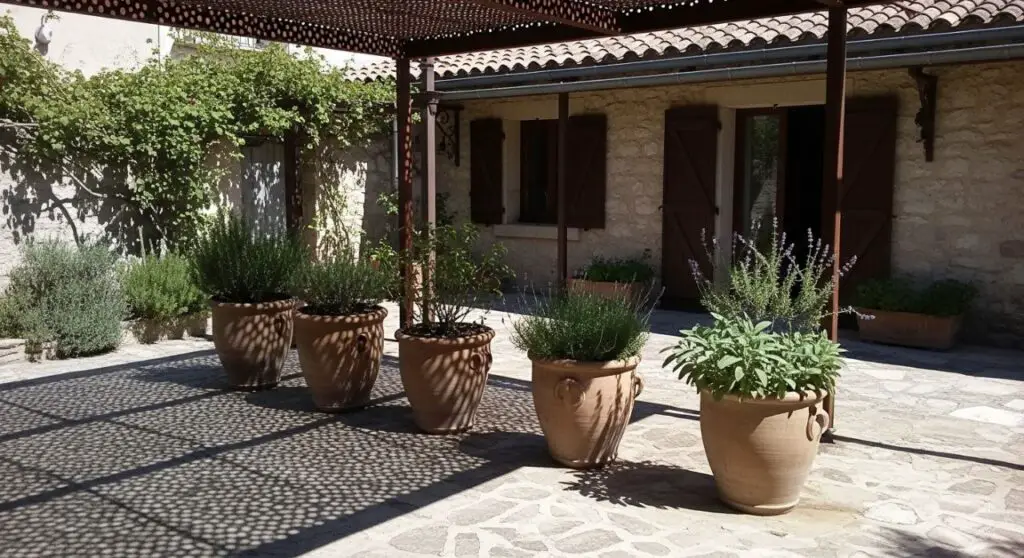 Courtyard patio in a compact Mediterranean-styled house. Metal canopy showing pattern on stone floor below