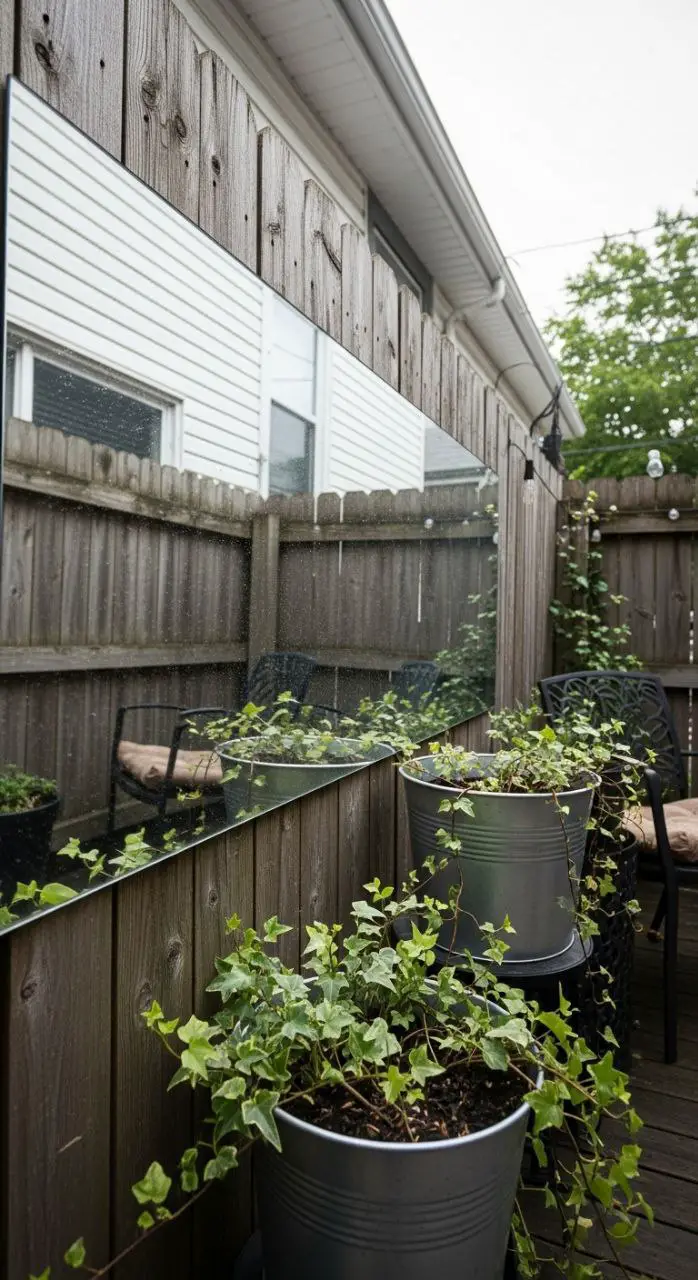 Large long rectangular mirror on patio fence to give the illusion of space