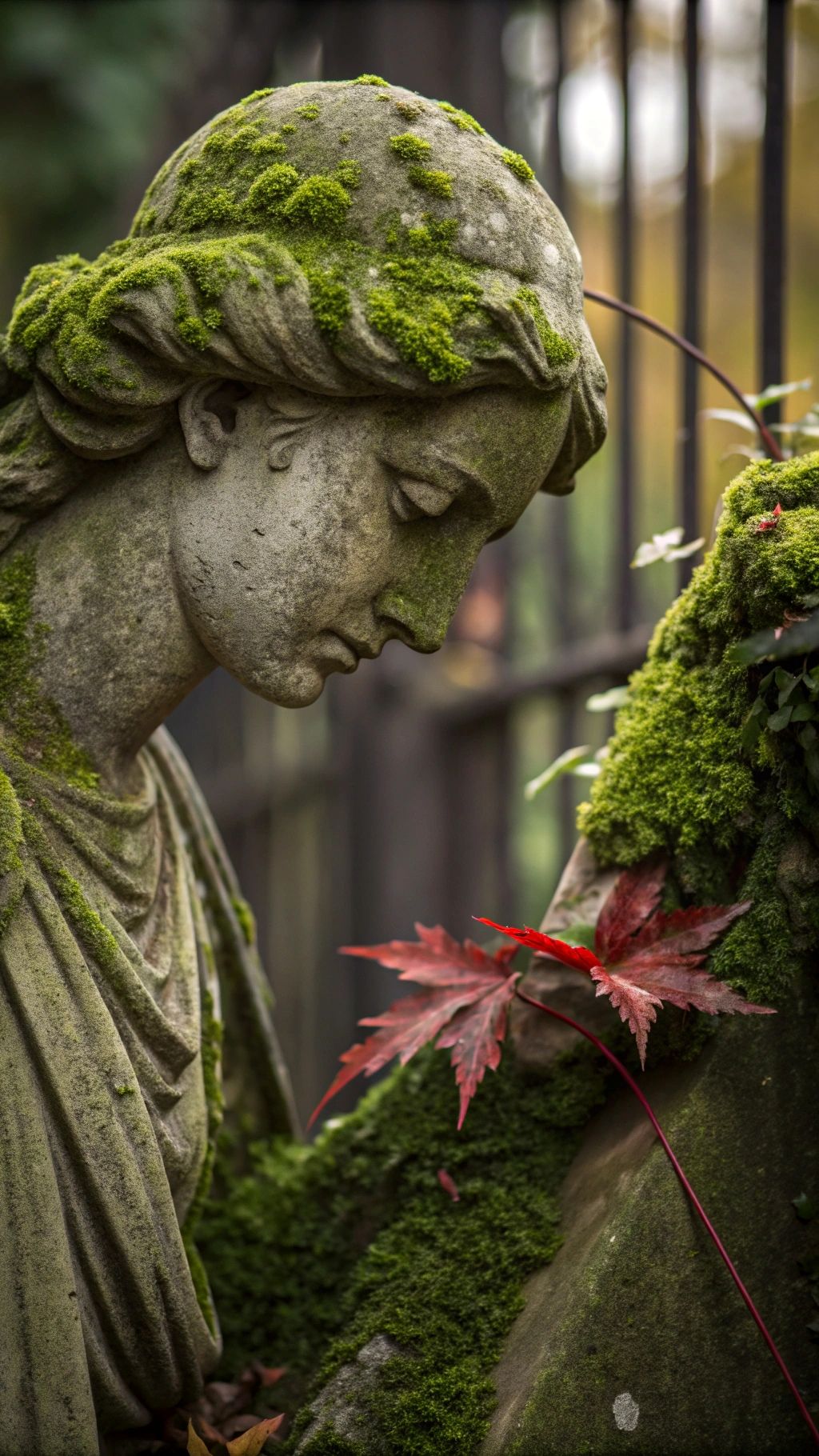 Weathered stone statue of a contemplative figure. A vibrant green grows on some parts of it.