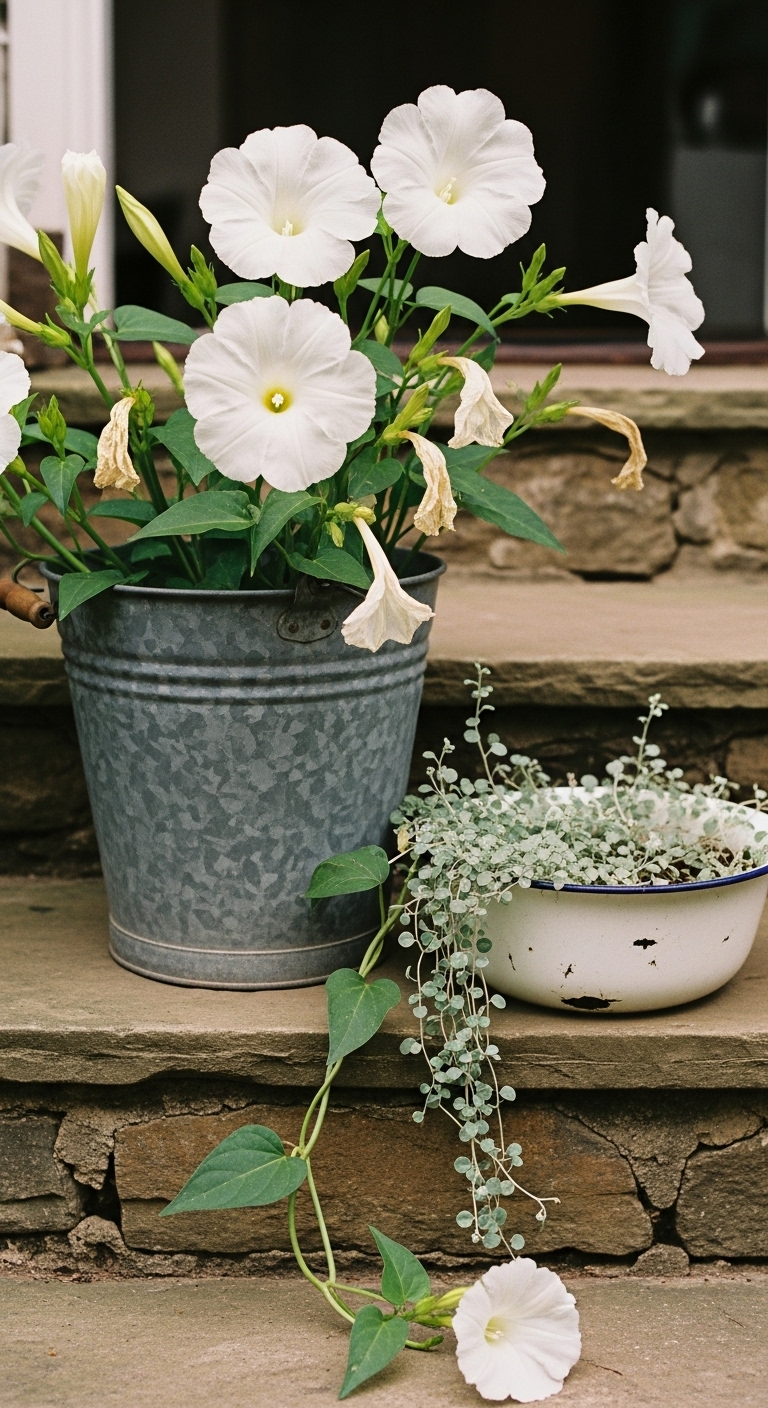 Old bucket with moonflower vine and chipped white enamelware bowl contains a cascade of silver dichondra