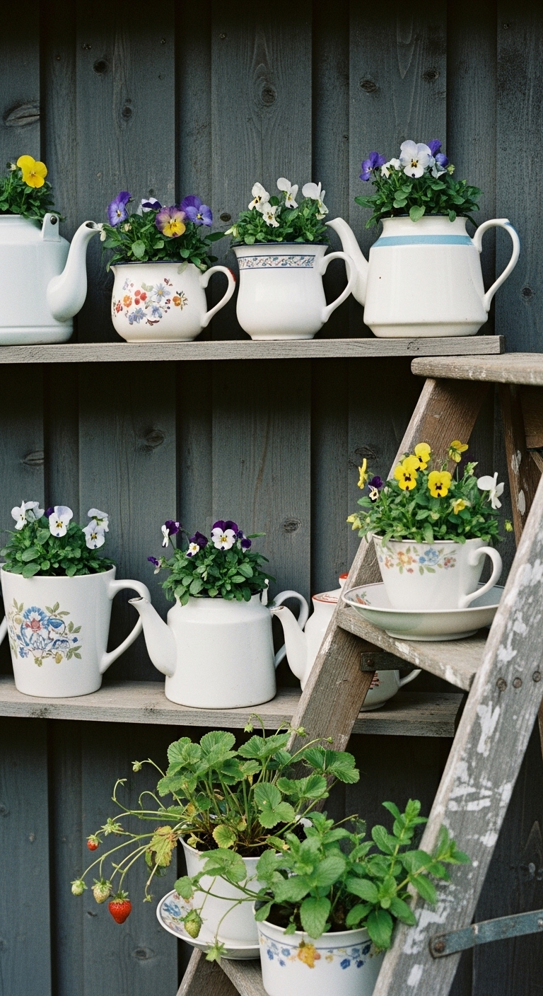 Tea pots with pansies and violas growing from them