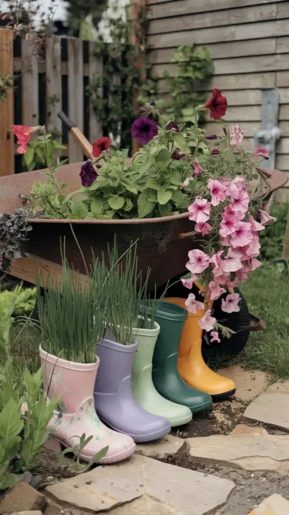 rusty wheelbarrow with colorful petunias and trailing lobelia, alongside a collection of brightly painted old boots