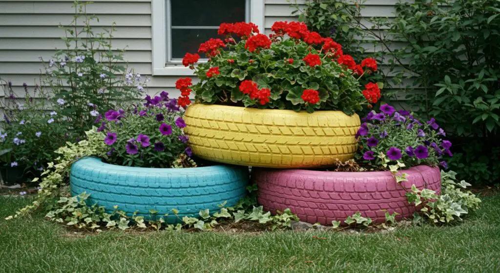 Car tires, turquoise, sunshine yellow, and pink, stacked overflowing with a mix of red geraniums, purple petunias, and trailing ivy
