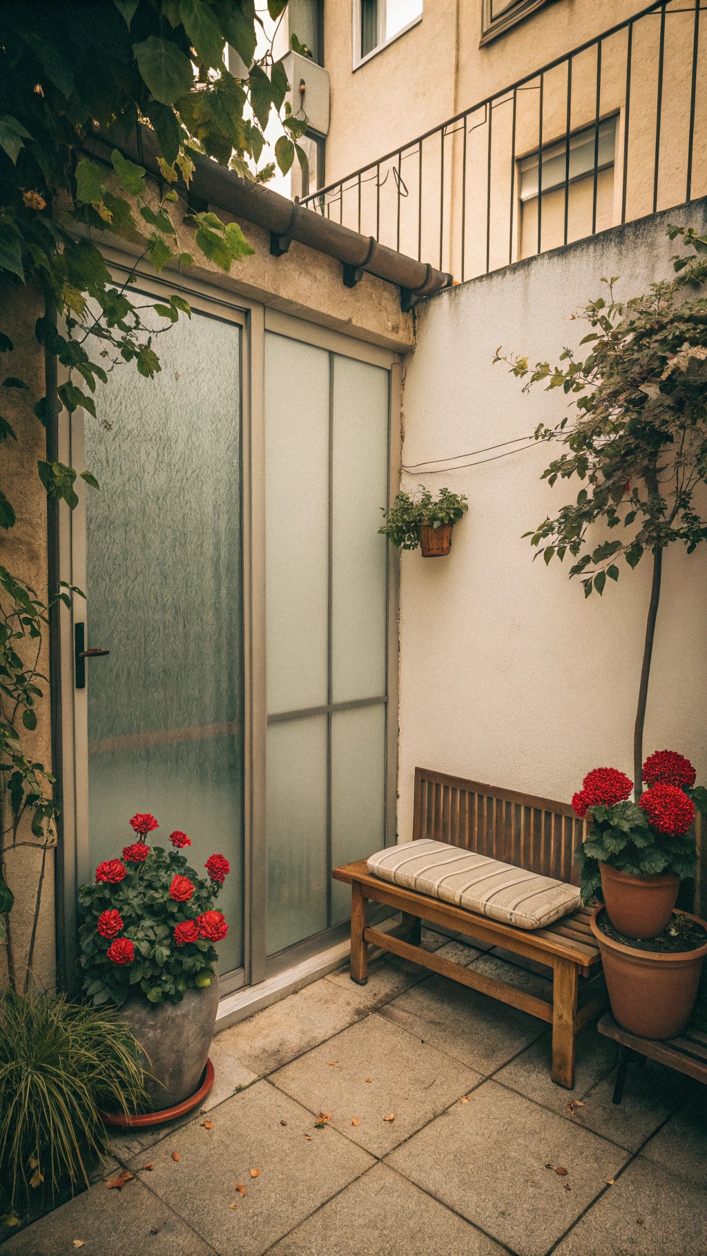 A frosted glass panel, about five feet tall, shields one side from a neighboring yard