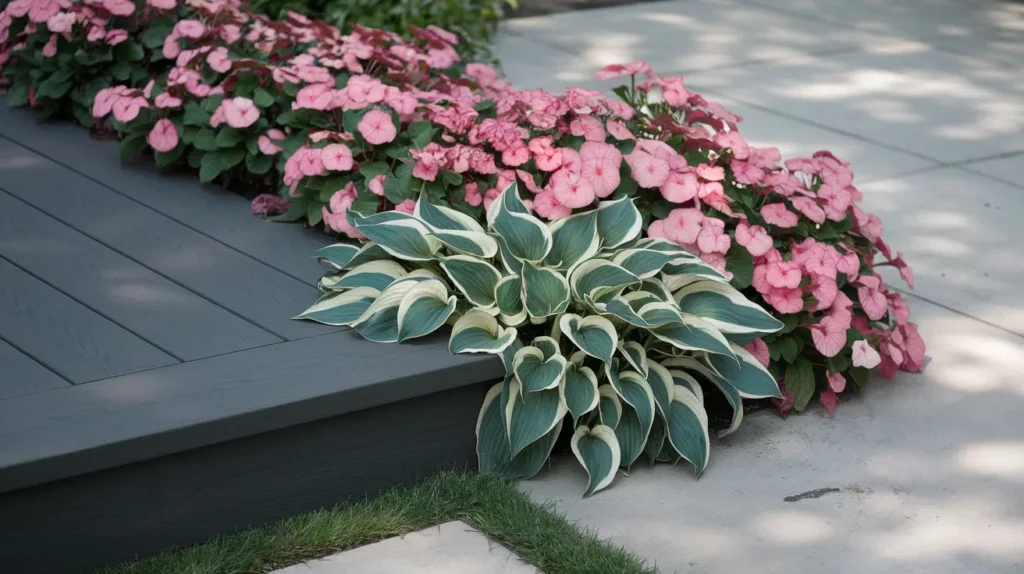 Deck transitioning onto patio. Hostas (Hosta 'Halcyon') and vibrant pink impatiens (Impatiens walleriana) spills over both the deck edge and the patio edge