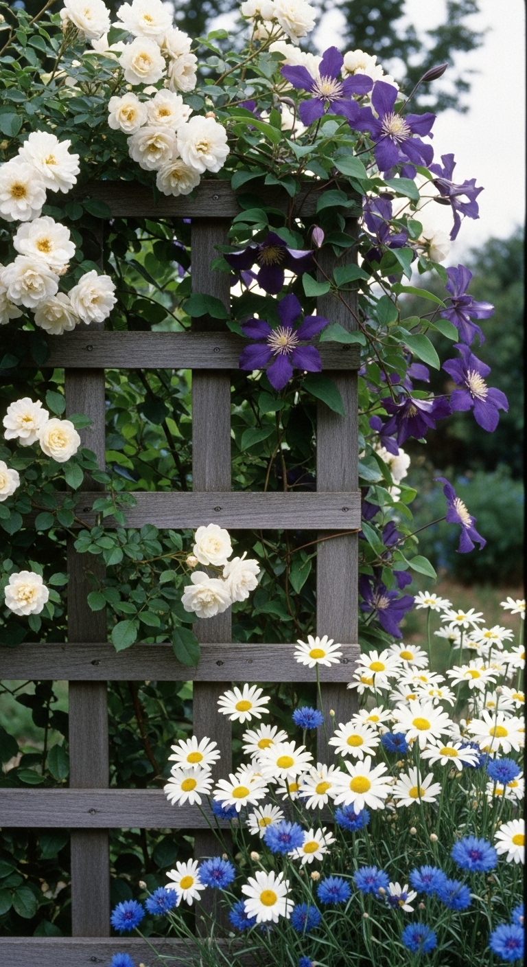 Weathered wooden trellis rambling white roses and vibrant purple Jackmanii clematis, with a cluster of cheerful Shasta daisies and blue cornflowers