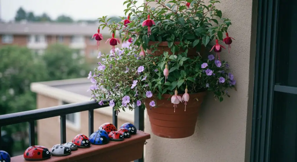 Fuchsia and bacopa, ceramic ladybugs