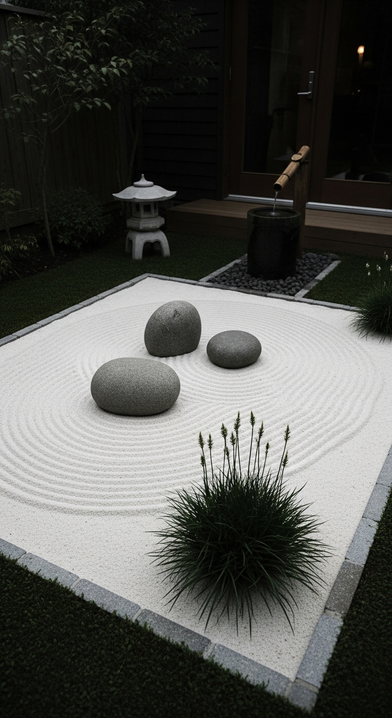 Zen garden patch with perfect raked, white sand a clump of dark green mondo grass and large smooth stones